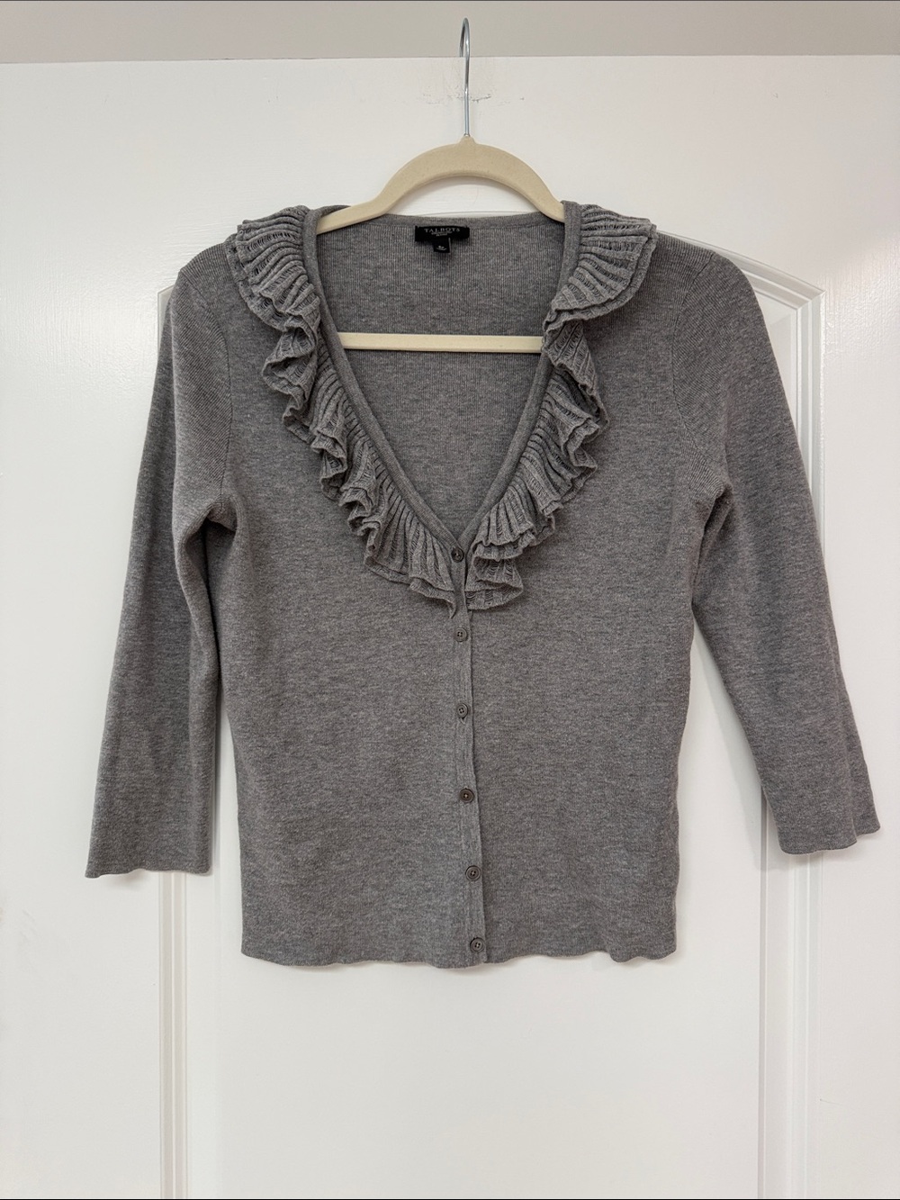 Talbots Gray Ruffle V-Neck Cardigan